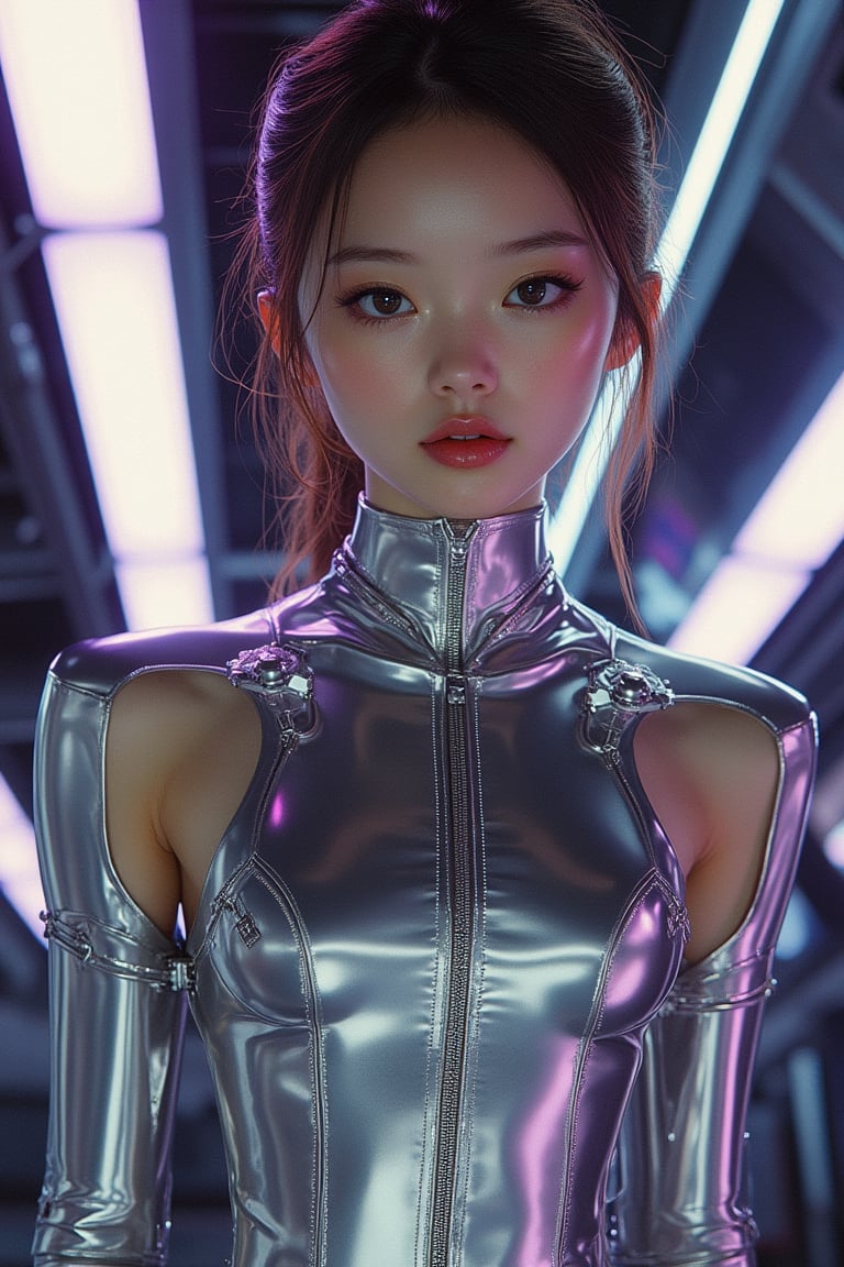 A girl in a sleek, form-fitting dress, rendered in Hajime Sorayama's hyper-realistic style. The dress is metallic, with intricate patterns and cybernetic enhancements visible on her limbs. Her expression is serene, with a subtle, inviting smile. The lighting is soft and diffused, highlighting the contours of her body and the delicate details of the dress. The composition frames her from mid-torso to above her head, capturing her confident pose and the detailed textures of the metallic fabric. The background is a high-contrast, neon-lit environment, reminiscent of Sorayama's iconic sci-fi aesthetic.