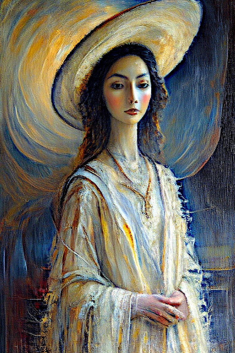 "Create a dramatic, richly detailed painting in the impressionist style, depicting a young woman with long, loosely curled hair illuminated by bold, directional lighting. She is dressed in an opulent white gown, with luxurious fabric draped in deep, voluminous folds that catch the light and emphasize texture and form. The woman wears an extravagant, oversized hat with elegant, sweeping curves, rendered with meticulous attention to detail. The lighting is intense, casting deep shadows and sharp highlights that sculpt her features, creating a dramatic chiaroscuro effect typical of the impressionist period. The background is richly textured and atmospheric, fading into shadow to further highlight the subject’s radiant presence. Her expression is poised yet expressive, conveying a sense of both grace and intensity. The overall composition is grand and theatrical, filled with movement and contrast, capturing the impressionist fascination with drama, emotion, and the interplay of light and shadow. The scene evokes a sense of timeless elegance and dramatic beauty, blending rich textures and vibrant contrasts to create a visually powerful work."