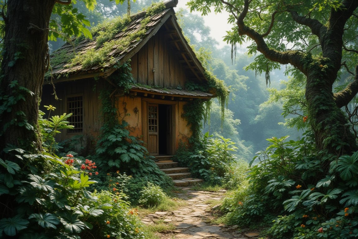 A lush green jungle background with dense foliage and exotic flowers surrounding a sturdy wooden malay house, its walls weathered to a warm brown, surrounded by vines and creepers. The door is slightly ajar, inviting exploration of the overgrown path that leads to the entrance. Sunlight filters through the canopy above, casting dappled shadows on the forest floor.,kalarcat