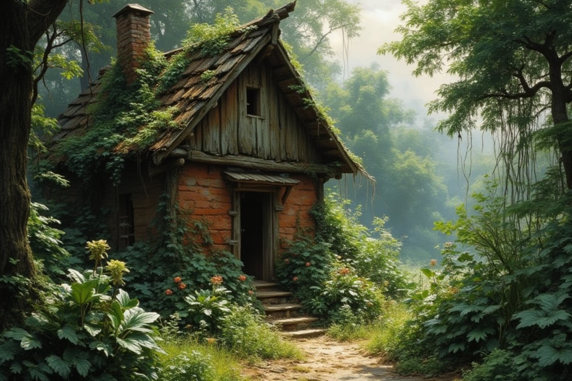 A lush green jungle background with dense foliage and exotic flowers surrounding a sturdy wooden house, its walls weathered to a warm brown, surrounded by vines and creepers. The door is slightly ajar, inviting exploration of the overgrown path that leads to the entrance. Sunlight filters through the canopy above, casting dappled shadows on the forest floor.,kalarcat