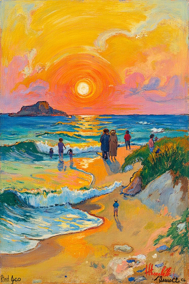 Impressionism, in the style of Paul Gauguin, "Beach scene at sunset – Medium-thick impasto for sand and waves, with soft, indistinct impasto figures walking along the shore or standing near the water, blending with the sunset reflections.", detailed, (extremely sharp:1.2), (high-definition:1.2), (clean, crisp edges:1.2), (ultra-sharp textures:1.4), (focus on fine details:1.2), (perfect clarity:1.2), (oil painting:1.4)