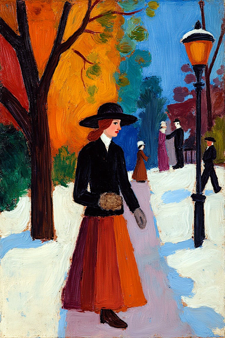 "Bold, expressive, (vivid colors:1.4), (dynamic brushwork:1.3), (simplified forms:1.3), (textured strokes:1.2), (color-driven composition:1.4), (oil painting:1.4), Fauvism, in the style of August Macke. A winter scene in an urban park, featuring people dressed in simplified late 19th-century attire walking on a snow-covered path. The central figure is a woman wearing a long skirt, jacket, and a hat, holding a fur muff, with other figures scattered in the background. The composition uses bold, non-realistic colors to depict the snow and figures, evoking emotional depth and warmth despite the winter setting. The trees and lamp post are rendered with expressive, exaggerated colors, creating a lively and abstract atmosphere. The painting style emphasizes bold colors and emotional expression over realistic detail, capturing the essence of the scene through vibrant hues and spontaneous forms."