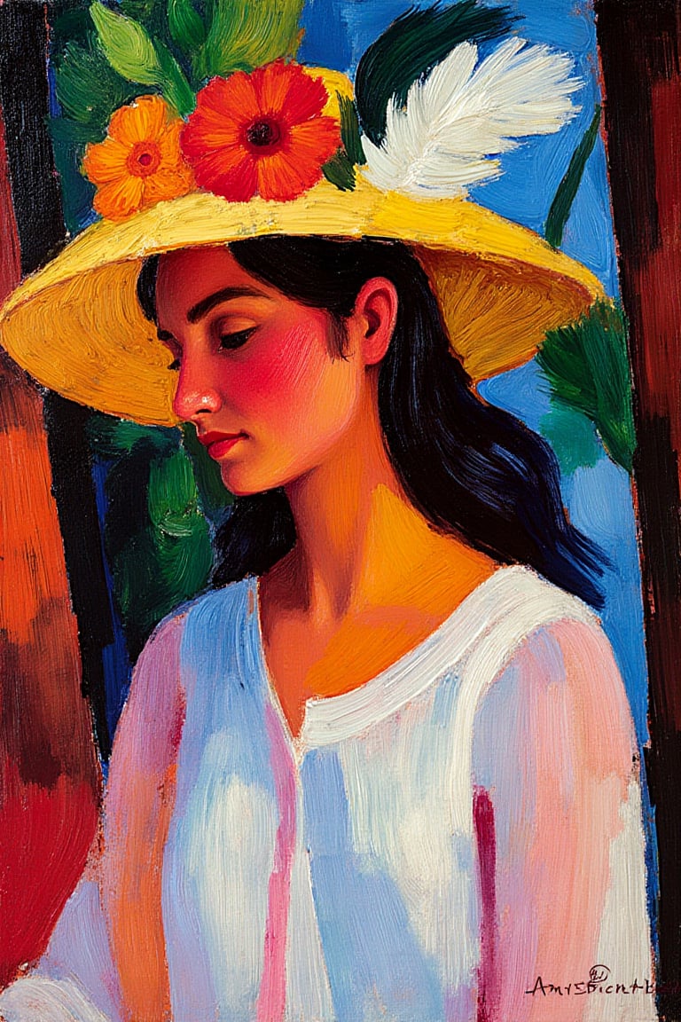 "Vivid, expressive, (bold colors:1.4), (dynamic brushwork:1.3), (simplified forms:1.3), (textured strokes:1.2), (color as emotion:1.4), (oil painting:1.4), in the style of August Macke, Fauvism. A portrait of a young woman wearing a straw hat adorned with bright flowers and a white feather, dressed in a light blouse. The composition uses vibrant, non-realistic colors to evoke emotion and atmosphere. The background is rendered in expressive tones that complement the figure, emphasizing color contrast and creating a lively, abstract setting. The painting style captures the Fauvist emphasis on bold color and form rather than fine details, conveying a sense of spontaneity and emotional impact."