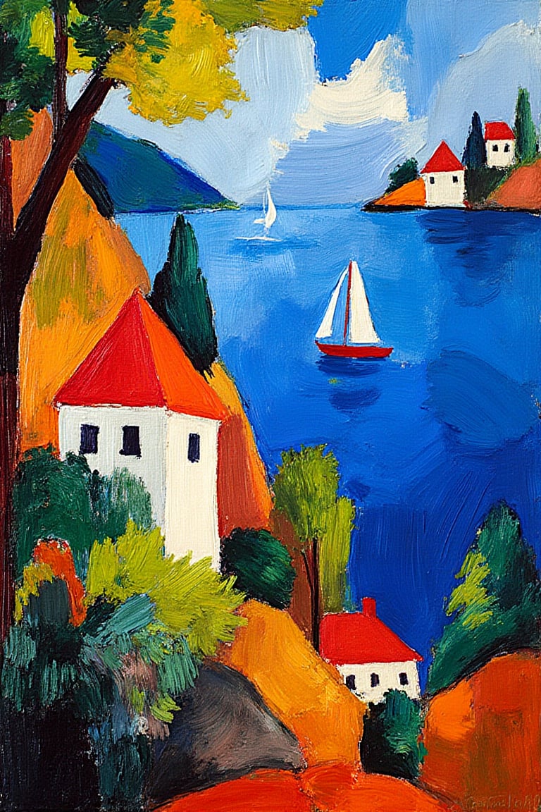 "Bold, expressive, (vivid colors:1.4), (dynamic brushwork:1.3), (simplified forms:1.3), (textured strokes:1.2), (color-driven composition:1.4), (oil painting:1.4), Fauvism, in the style of August Macke. A bright and lively coastal landscape, featuring a view of several houses with simplified, light-colored roofs nestled among lush greenery on a rocky hillside. The scene overlooks a vibrant blue ocean with abstract sailboats drifting in the distance and a colorful peninsula dotted with more houses. The sky is rendered in expressive, non-realistic colors, blending with the water to create a vivid and energetic atmosphere. The painting style prioritizes bold colors and emotional expression over fine details, capturing the essence of the landscape through rich hues and spontaneous, dynamic brushstrokes."