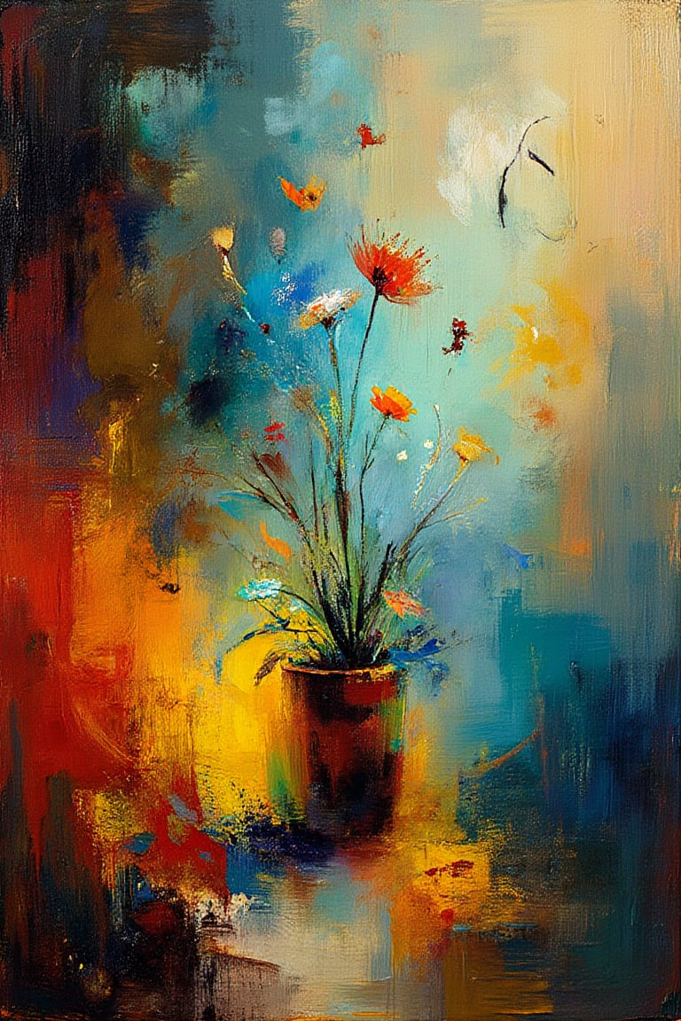 "A fine art oil painting in the style of Symbolism, reminiscent of Odilon Redon. The scene features a dreamlike composition with a plant and a bird, rendered with expressive, soft brushstrokes that blend colors seamlessly. The painting uses a mystical color palette with vivid yet ethereal tones, creating a sense of otherworldliness and poetic atmosphere. The background is filled with abstract, glowing hues, enhancing the fantasy-like quality of the piece. The focus is on emotional expression rather than realism, with the plant and bird appearing to float and merge with the surroundings, evoking a sense of transcendence and inner experience, as seen in Redon's works."