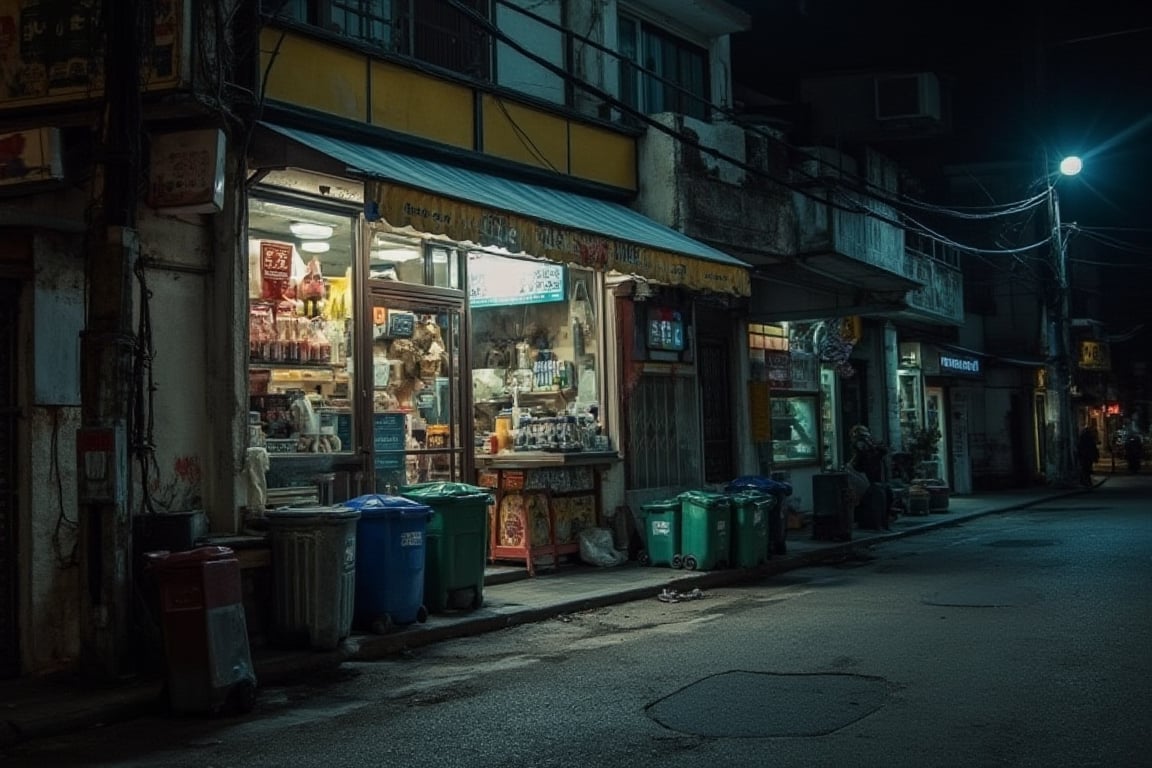 A deserted alleyway behind a dimly lit convenience store at night. Trash cans lined up against the wall, their metal bodies reflecting the faint glow of the streetlights casting long shadows on the dark pavement.,terpaling