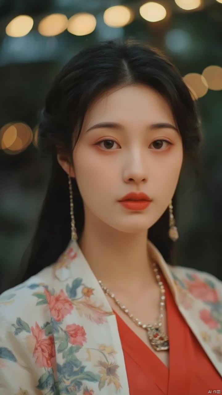 a young Asian woman stands in front of a blurred backdrop of trees and lights. She is dressed in a hanfu, adorned with a red top and a floral pattern. Her hair is pulled back in a ponytail, and she is wearing a silver necklace with a pendant hanging from it. Her lips are painted a deep red, adding a pop of color to her dress. Her eyes are a piercing blue, and her hair is a dark brown, adding depth to the scene. The backdrop is blurred, creating a soft focus on the woman.