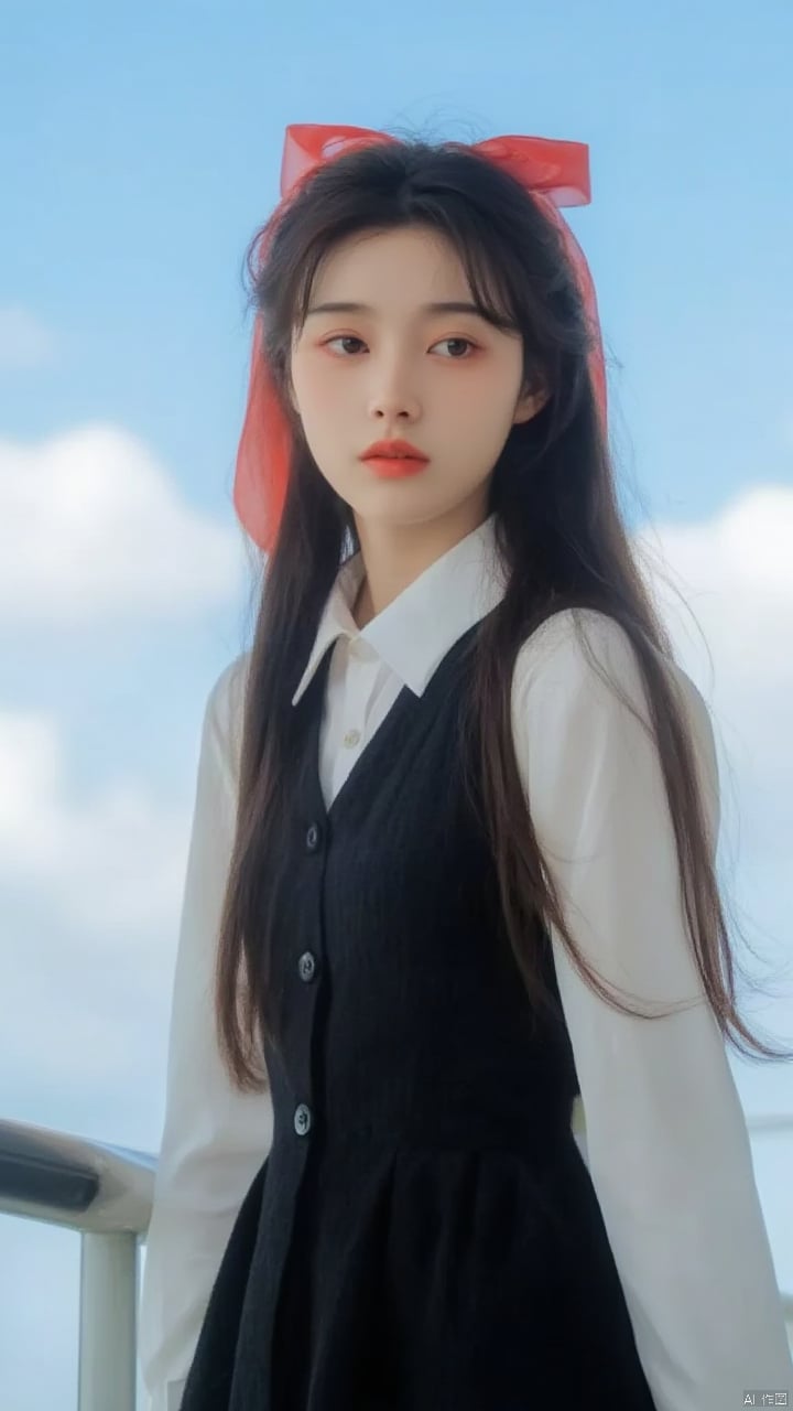 a young Asian woman with long dark brown hair, wearing a white collared shirt and a black sleeveless dress with a red bow in her hair. Her lips are painted a vibrant red, adding a pop of color to her face. The woman's hair is pulled back, cascading over her shoulders. She is standing in front of a blue sky with white clouds, her left hand resting on a metal railing.