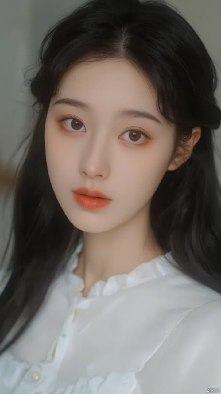 A close-up shot of a young Asian woman with dark brown eyes and dark brown hair. She is dressed in a white dress with a white blouse that has a ruffled collar. The background is blurred, but it is out of focus. The woman's lips are a vibrant shade of red. Her eyebrows are a darker shade of brown. She has a slight smile on her face, adding a pop of color to her face.