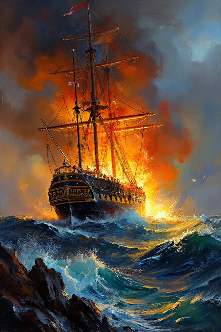 "A dramatic naval battle scene depicting a large wooden sailing ship engulfed in flames, with dark smoke billowing into the sky. The ship's masts and rigging are silhouetted against the bright, fiery background, while the surrounding ocean is turbulent, with large waves crashing around the burning vessel. The intense fire and thick smoke create a chaotic atmosphere, with splashes of water and reflections of the flames on the waves. The scene evokes a sense of urgency and destruction, set against a stormy, cloudy sky."