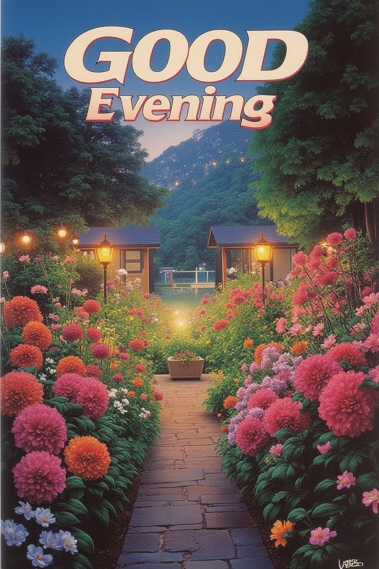 1986 Japanese anime movie poster titled GOOD EVENING, featuring a serene garden full of vibrant flowers. The poster showcases a wide-angle shot of the garden, with soft, warm lighting illuminating the scene. The composition highlights the intricate details of the flowers and the tranquil atmosphere. The text is elegantly placed, blending with the natural beauty of the garden. The overall design captures the essence of a peaceful evening in a classic anime style.