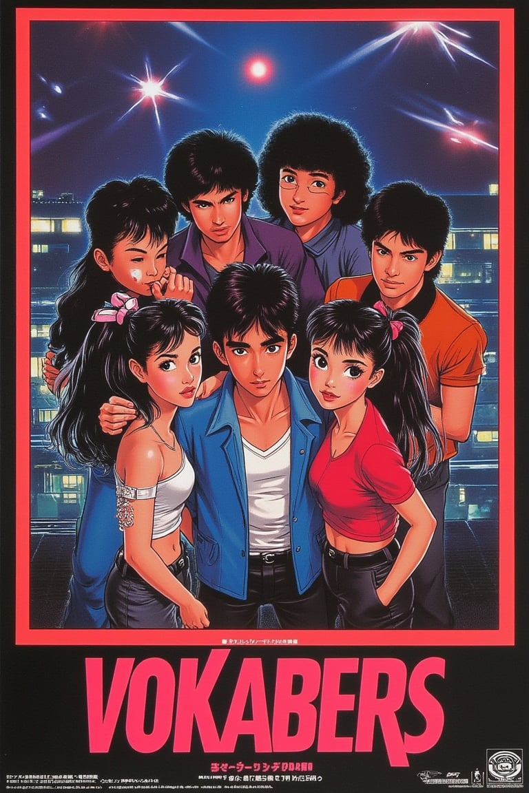 1986 Japanese anime movie poster featuring VOKABERS, a group of people in casual wear, standing together in a dynamic pose. The poster showcases vibrant colors, bold typography, and a retro anime style. The group is framed in a mid-shot, with dramatic lighting highlighting their expressions and outfits. The background features a cityscape with neon lights, emphasizing the energetic and lively atmosphere of the movie.