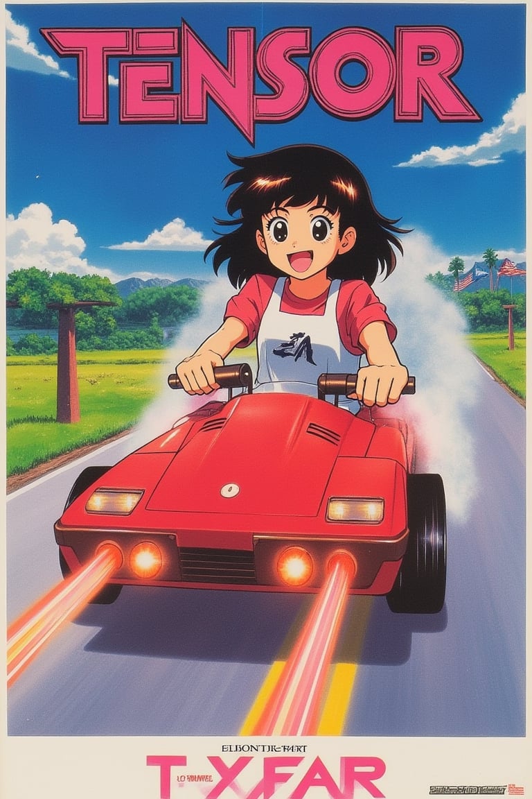 1986 Japanese anime movie poster featuring TENSOR ART, a girl riding a car on a road with a cheerful smile. The poster showcases vibrant colors and dynamic action lines, capturing the speed and excitement of the scene. The girl is framed in a mid-shot, with the road stretching out behind her, emphasizing her forward motion. The lighting is bright and energetic, highlighting her joyful expression and the sleek design of the car. The background features a scenic landscape, adding depth and context to the adventurous setting.