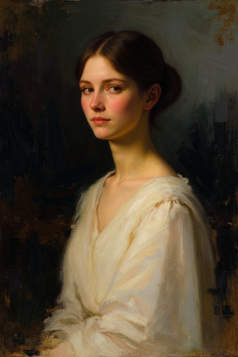 A fine art oil portrait in the style of Abbott Handerson Thayer, depicting a woman with a serene and ethereal quality. The composition features soft, blended brushstrokes that illuminate her face and upper body, emphasizing a sense of spiritual presence. She is set against a dark, abstract background that provides a striking contrast, enhancing her form and adding depth to the portrait. The background consists of deep, textured tones that dissolve into abstract shapes, creating an atmospheric effect that frames the figure. The colors are harmonious and subtle, with the interplay of light and shadow softly sculpting her facial features, conveying a sense of protection and grace. The dark, abstract background accentuates the portrait's quiet radiance, capturing the characteristic contrast and emotional depth of Thayer's style.