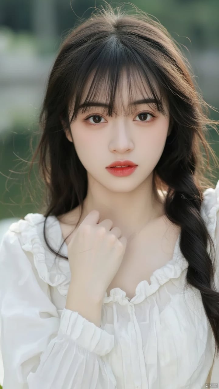 A close-up shot of a young Asian woman with dark brown eyes and dark brown hair. She is dressed in a white dress with a white blouse that has a ruffled collar. The background is blurred, but it is out of focus. The woman's lips are a vibrant shade of red. Her eyebrows are a darker shade of brown. She has a slight smile on her face, adding a pop of color to her face.