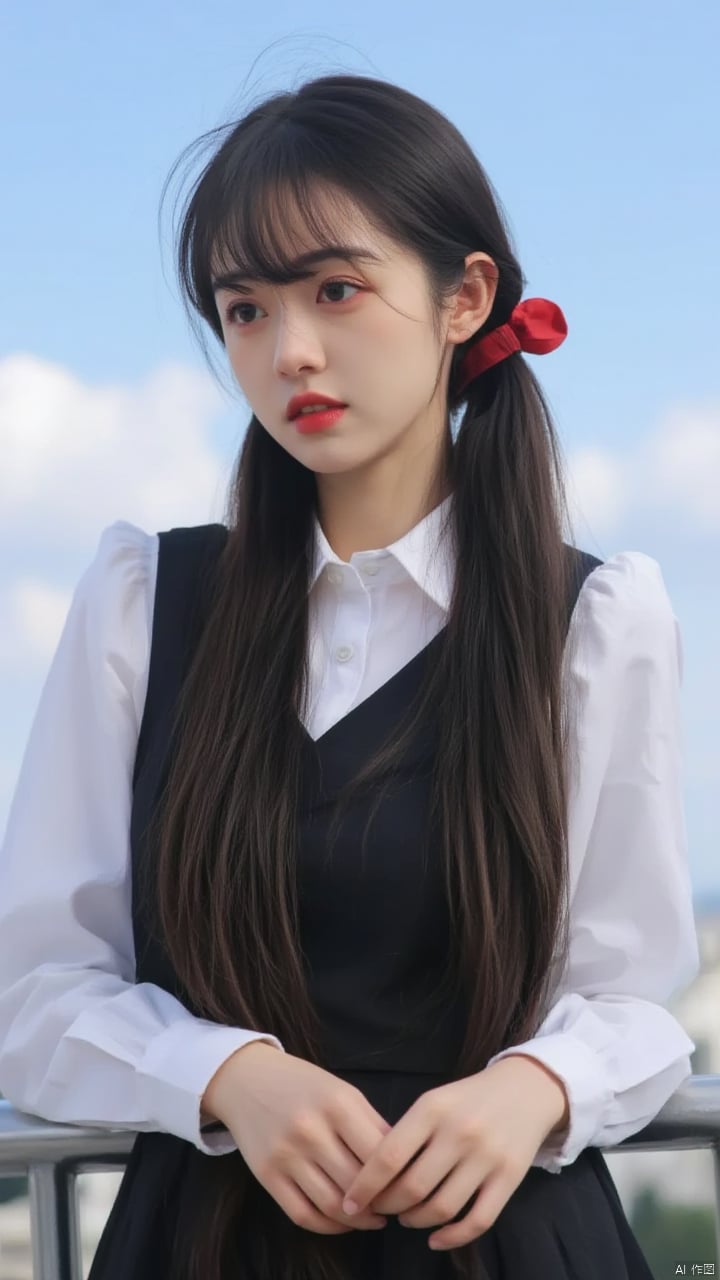 a young Asian woman with long dark brown hair, wearing a white collared shirt and a black sleeveless dress with a red bow in her hair. Her lips are painted a vibrant red, adding a pop of color to her face. The woman's hair is pulled back, cascading over her shoulders. She is standing in front of a blue sky with white clouds, her left hand resting on a metal railing.