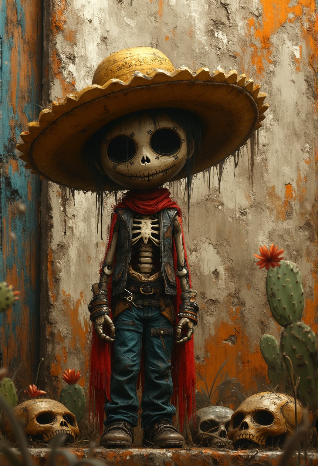 justart01, Image is a digital artwork featuring a stylized skeleton character standing in a desert-like environment. The character has a large, round skull with exaggerated, hollow eye sockets and a stitched mouth, giving it a cartoonish yet eerie appearance. It wears a wide-brimmed, tattered straw hat and a red, fringed scarf draped around its neck. The skeleton is dressed in a patchwork outfit with a leather vest and blue pants, adorned with various metallic and fabric textures. The background is a textured wall with peeling paint in shades of orange, beige, and blue, adding a rustic feel. Cacti and several other skulls are scattered around the character's feet, enhancing the desert theme. The overall color palette is earthy with pops of red and blue, creating a vivid and atmospheric scene.
