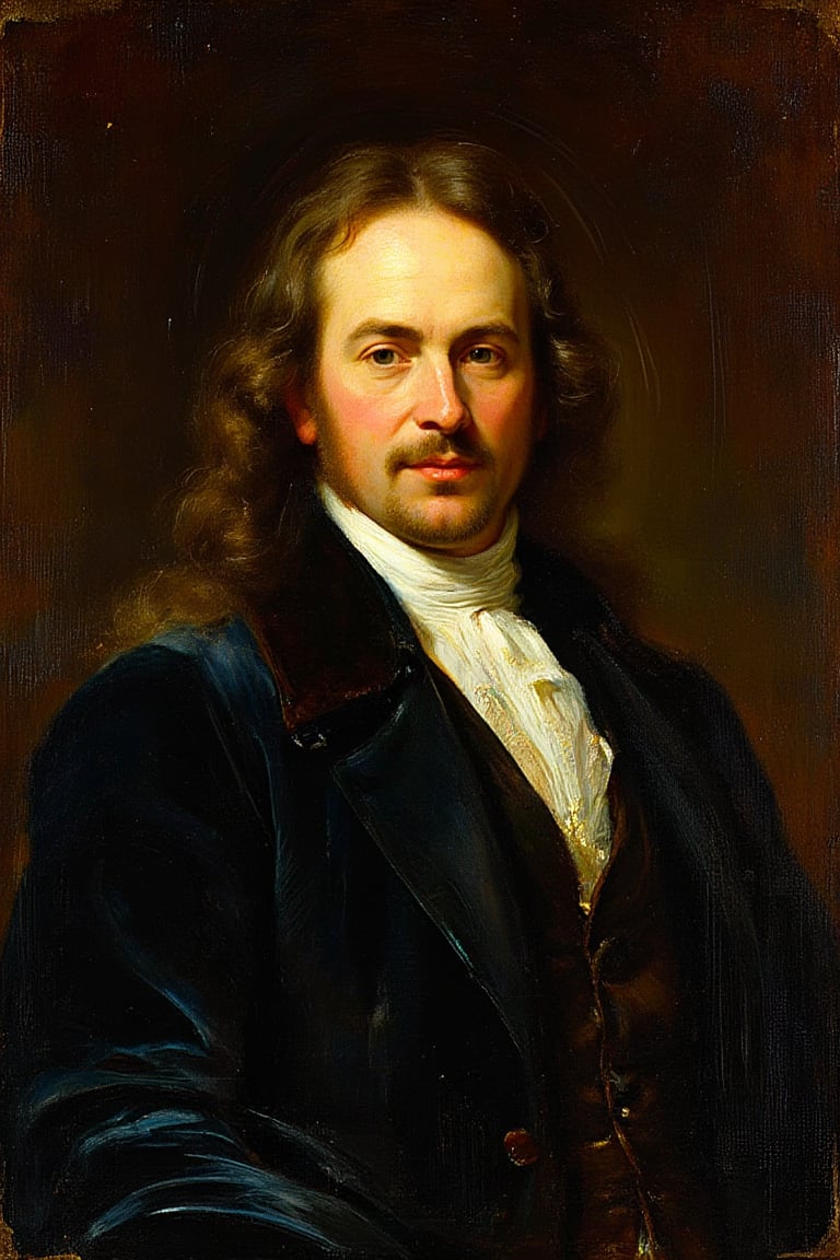 A fine art oil portrait in the style of Jan Maurits Quinkhard and Rococo portraiture, depicting a man with an elegant and refined quality. The composition features meticulous, delicate brushstrokes that bring out the subtle details of his face and upper body, emphasizing a sense of grace and sophistication. He is portrayed against a richly textured, dark background that enhances the figure's presence while adding depth and a sense of opulence to the portrait. The background consists of deep, luxurious tones with soft ornamental elements, providing a classic Rococo atmosphere that frames the subject. The colors are warm and harmonious, with the interplay of light and shadow skillfully sculpting his facial features to convey a sense of poise and dignified charm. The dark, textured background accentuates the portrait's refined elegance, capturing the characteristic grace and decorative style of Quinkhard's Rococo approach.