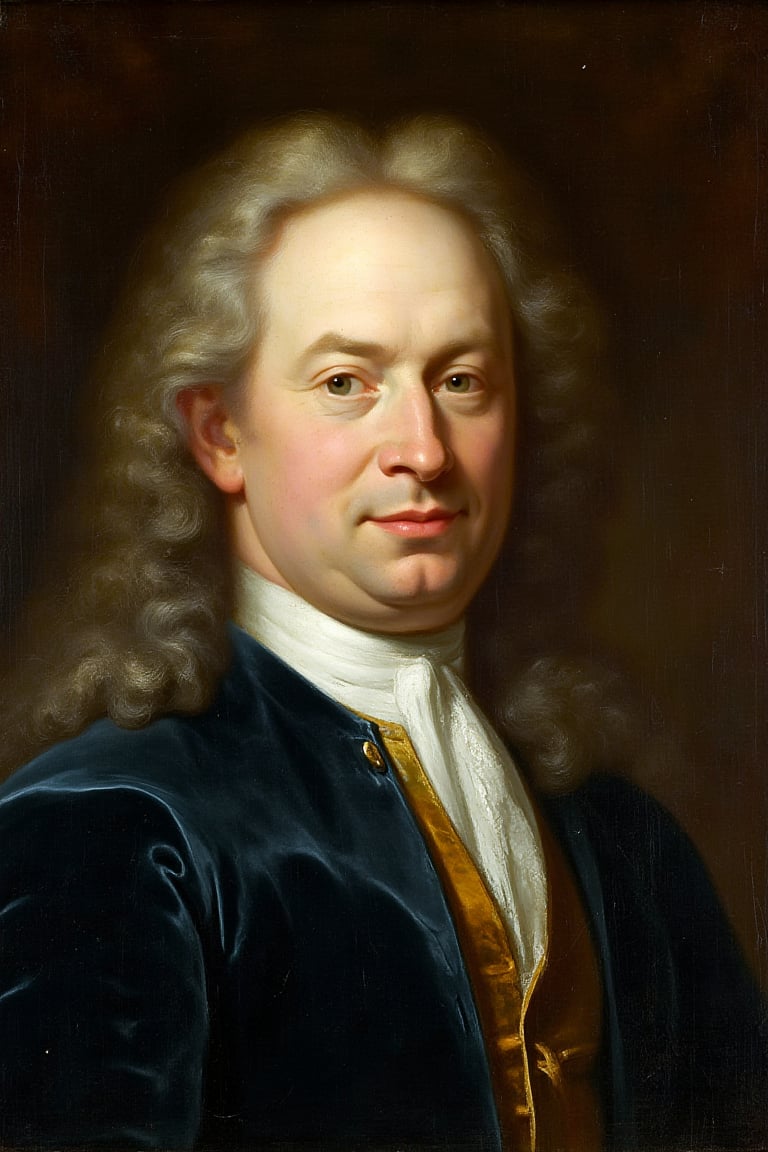 A fine art oil portrait in the style of Jan Maurits Quinkhard and Rococo portraiture, depicting a man with an elegant and refined quality. The composition features meticulous, delicate brushstrokes that bring out the subtle details of his face and upper body, emphasizing a sense of grace and sophistication. He is portrayed against a richly textured, dark background that enhances the figure's presence while adding depth and a sense of opulence to the portrait. The background consists of deep, luxurious tones with soft ornamental elements, providing a classic Rococo atmosphere that frames the subject. The colors are warm and harmonious, with the interplay of light and shadow skillfully sculpting his facial features to convey a sense of poise and dignified charm. The dark, textured background accentuates the portrait's refined elegance, capturing the characteristic grace and decorative style of Quinkhard's Rococo approach.