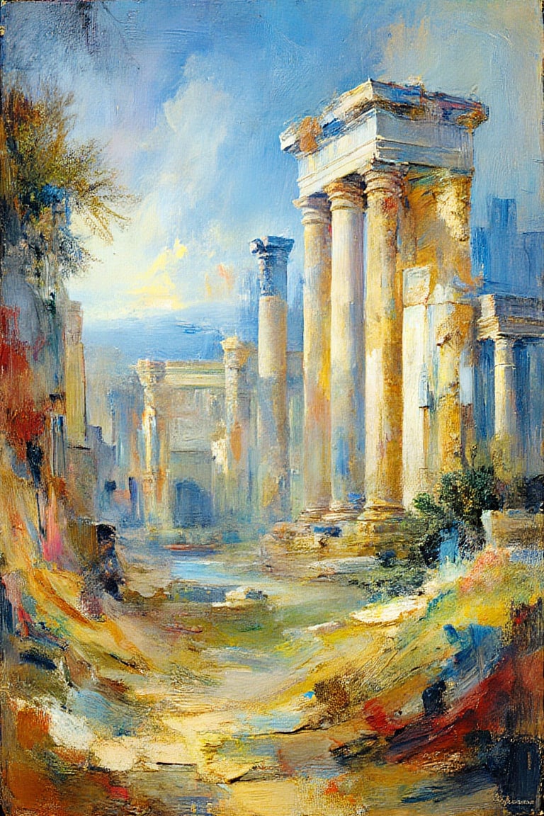 "Create a fine art oil painting in the style of Hubert Robert, depicting a landscape with ancient ruins in the background. The scene features a natural setting with rolling hills, scattered rocks, and lush greenery in the foreground, leading the eye toward the grand architectural ruins in the distance. The ancient columns and arches are rendered with detailed weathered stone, standing majestically against a clear, blue sky. The atmosphere is crisp, with no haze, allowing the ruins to be seen clearly from afar. The composition emphasizes the contrast between the natural landscape and the decaying structures, evoking a sense of timeless beauty and romanticized antiquity. The color palette includes earthy tones, soft greens, and warm light, creating a serene and picturesque setting that blends nature with historical grandeur."