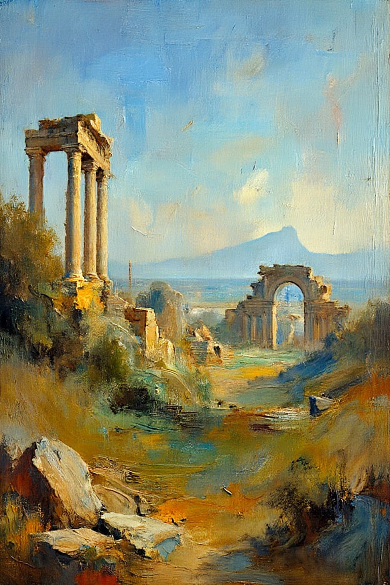 "Create a fine art oil painting in the style of Hubert Robert, depicting a landscape with ancient ruins in the background. The scene features a natural setting with rolling hills, scattered rocks, and lush greenery in the foreground, leading the eye toward the grand architectural ruins in the distance. The ancient columns and arches are rendered with detailed weathered stone, standing majestically against a clear, blue sky. The atmosphere is crisp, with no haze, allowing the ruins to be seen clearly from afar. The composition emphasizes the contrast between the natural landscape and the decaying structures, evoking a sense of timeless beauty and romanticized antiquity. The color palette includes earthy tones, soft greens, and warm light, creating a serene and picturesque setting that blends nature with historical grandeur."