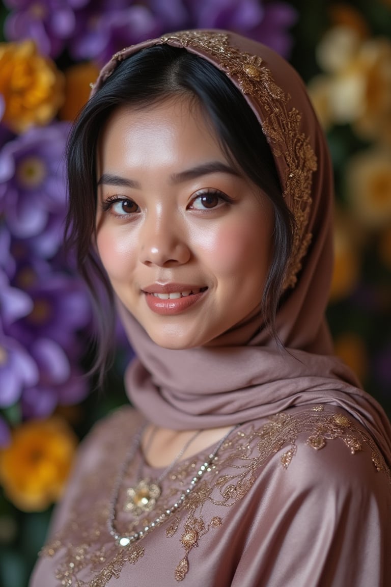 A serene Malaysian woman donning a traditional hijab, standing in front of a vibrant purple and yellow floral backdrop. Softly lit from above, her gentle smile radiates warmth as she gazes directly at the camera. Her hijab is intricately patterned with gold threads, complementing the subtle shimmer on her dark hair. A delicate silver necklace adorns her neck, adding a touch of elegance to her modest attire.,hitamputih