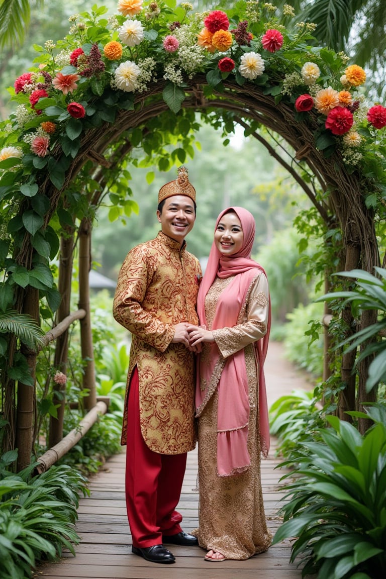 A traditional Malay wedding ceremony in full bloom: a beaming groom, resplendent in his intricately embroidered Baju Melayu attire, stands proudly beside his radiant bride, her stunning Selendang wrapping elegantly around her headscarf, against the vibrant backdrop of a lush tropical garden, with lush greenery and colorful flowers spilling over the rustic wooden bridge that connects them.,hitamputih