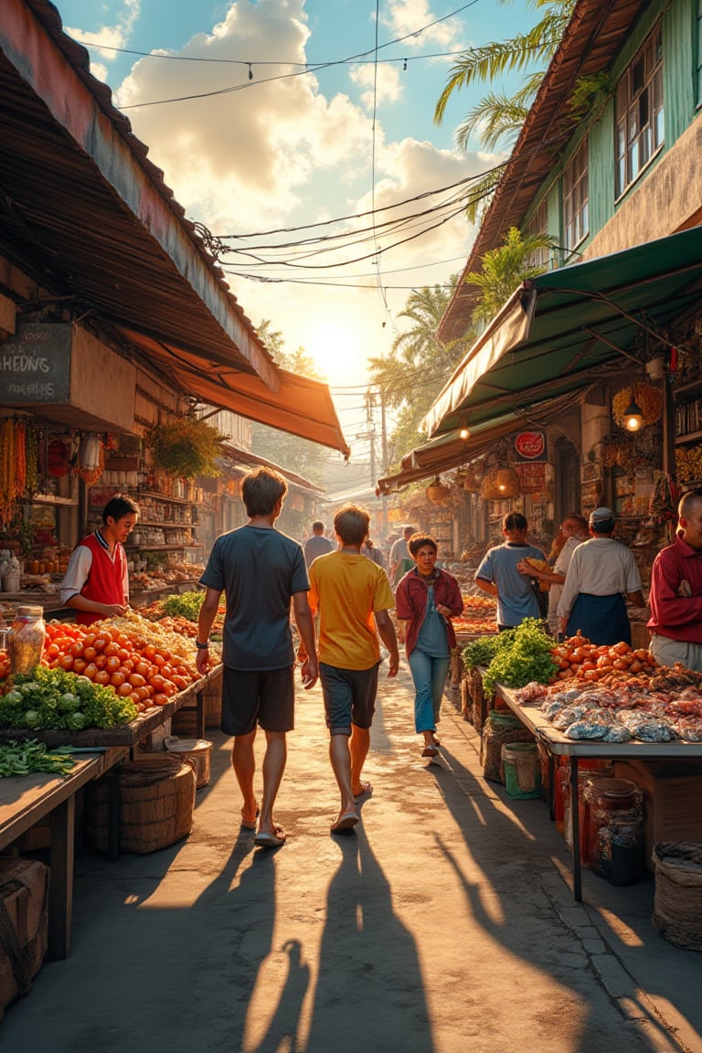 A bustling morning market scene in a quaint Malaysian town. Vendors in colorful traditional clothing huddle around stalls filled with vibrant produce, fresh seafood, and fragrant spices. The sun rises over the stalls, casting a warm glow on the scene. Customers in casual attire hurry to grab daily necessities, while others pause to chat with friends or admire the local handicrafts. The air is thick with the aroma of roasting coffee and baking pastries.,hitamputih