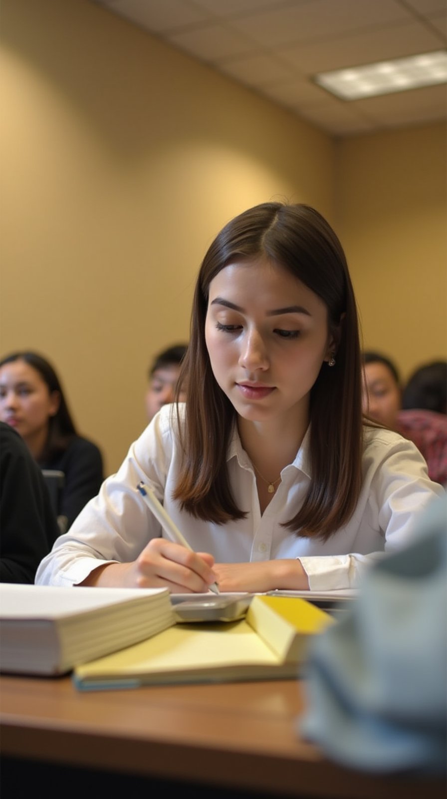 A student sits at their desk in a college classroom, surrounded by textbooks and notes. The camera captures a close-up shot of their focused expression as they scribble down important points on a yellow notepad. Soft overhead lighting illuminates their face, while the walls behind them are painted a warm beige color. The student's hand moves deliberately, highlighting the importance of the lesson.,hitamputih