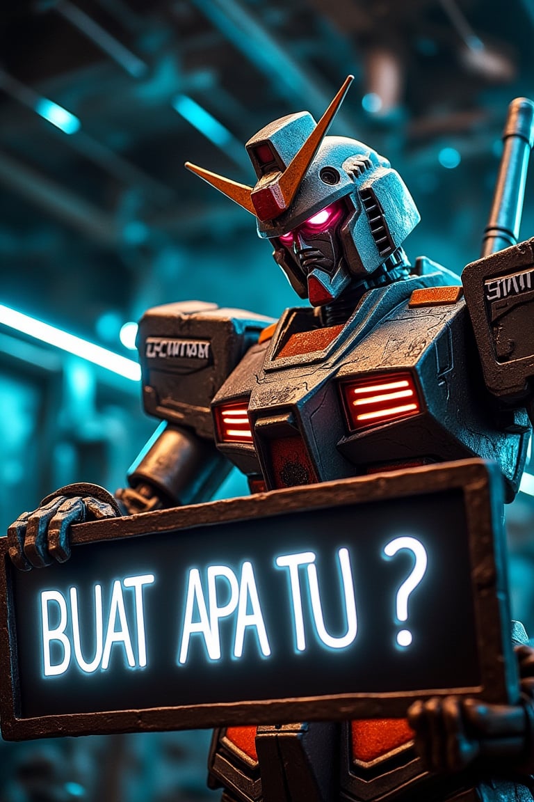 A dynamic shot of a Gundam robot holding a signboard with the text BUAT APA TU? in bold, futuristic letters. The Gundam stands tall, one arm extended holding the board, with a determined expression. The scene is set in a sci-fi environment with neon lights and metallic structures. The lighting is dramatic, highlighting the Gundam's metallic surface and casting sharp shadows. The composition focuses on the Gundam and the signboard, with the text clearly visible.