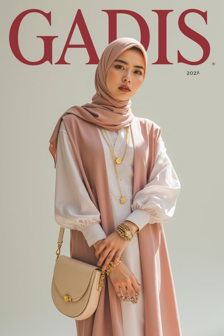 captivating magazine photo cover for GADIS featuring a stylish Malay woman wearing a hijab and loose baju kuray. Mid-shot, showcasing her elegant outfit and accessories. Soft natural lighting, with a neutral background to highlight her fashion. She stands confidently, with a gentle smile, looking directly at the camera. The composition is balanced, emphasizing her stylish attire and graceful pose.