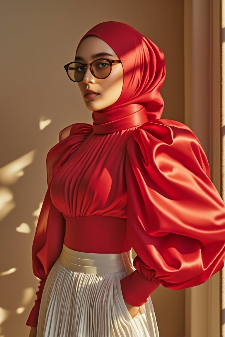 captivating magazine photo cover for ALLURE featuring a stunning Malay woman wearing puffblouse wear. Close-up shot of her face, with stylish brown shades adding a modern touch. Soft natural lighting, highlighting her confident expression and a red blouse with dramatic puffed sleeves, a pleated white skirt, and a matching red hijab. ethereal lighting, evoking a sense of elegance and grace.The composition is balanced, with her eyes looking directly at the camera. The background is subtle, focusing attention on his stylish look and confident demeanor.,J4d3,Puffblouse