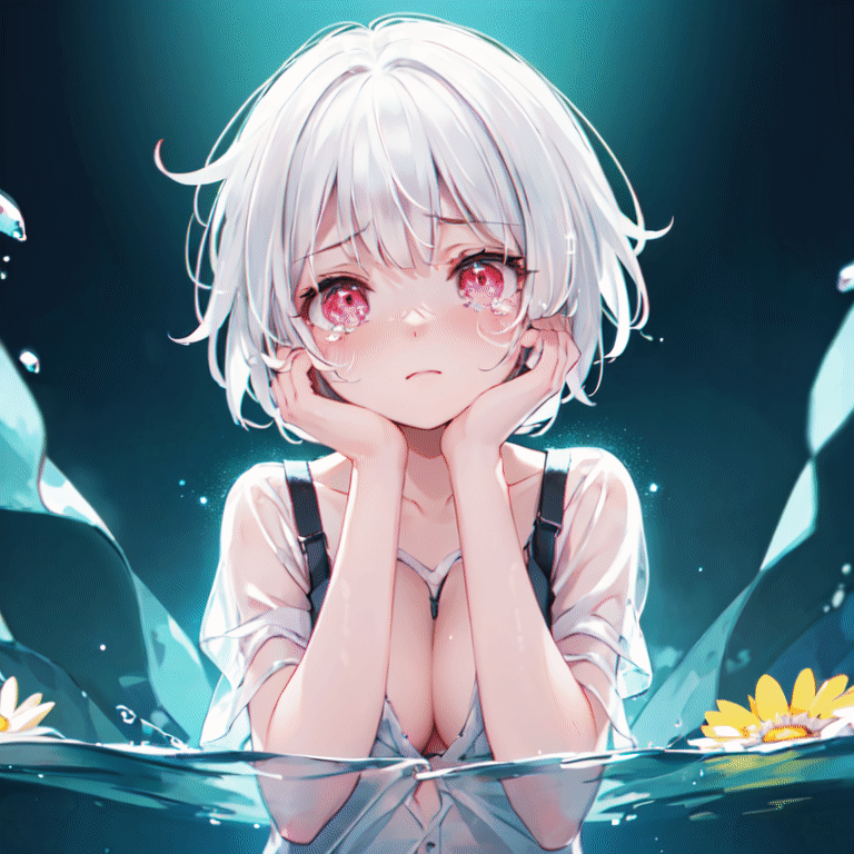 best quality, (chromatic aberration), (beautiful young female:1.4), (streaming tears), sad, (daisy), (daisy), (daisy), looking at viewer, partially submerged, both hands on own cheek, {see-through long shirt},,{no bra} , (white hair, short hair, bangs:1.2), (glowing eyes), ripples, dark water, black background, (prismatic),