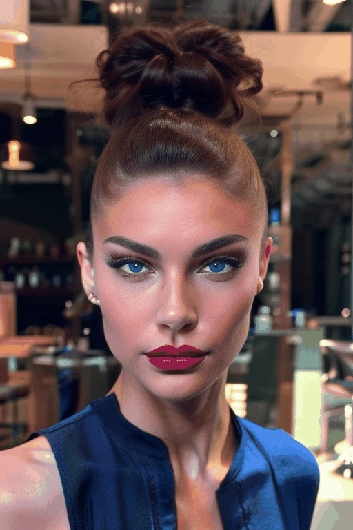  a pretty french woman with a fancy brunette bun hair, gorgeous long brunette straight hair, wearing a green dress, blue eyes, contrast lipstick, midshot , and attractive features,  eyes,  eyelid,  focus,  depth of field,  film grain,  ray tracing,  slim model,  anatomically correct, hair moving, (Hairdress),(PnMakeEnh)