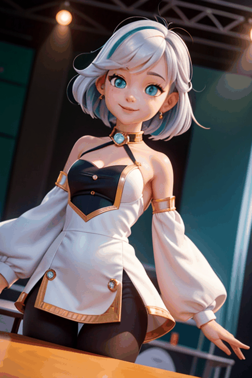 (masterpiece), (stage, idol, idol clothes, science fiction:1.2), 1girl, silver hair, medium hair, aqua eyes, long sleeves, detached sleeves, bare shoulders, smile, dutch angle