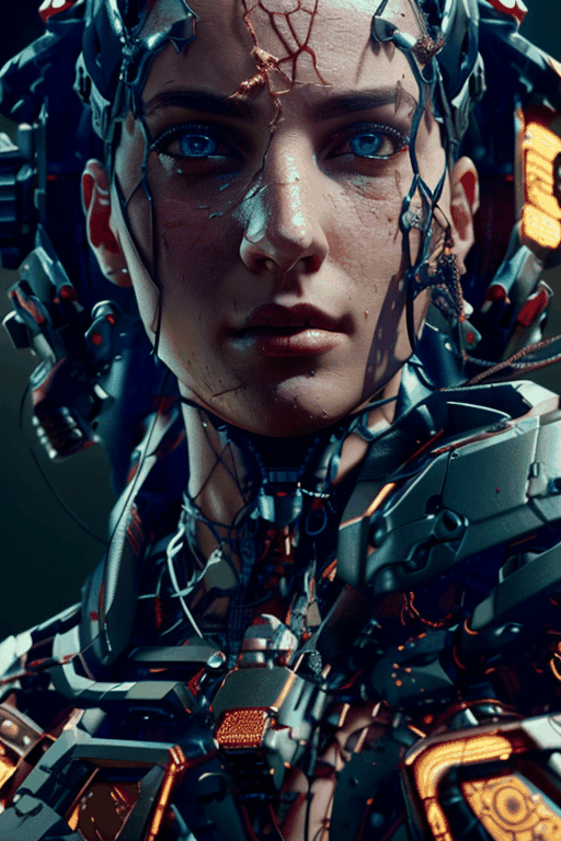 (best quality,  8K,  ultra-detailed,  masterpiece),  (octane render,  3D illustration),  Craft an extraordinary masterpiece in 8K detail. Present a stunningly intricate 3D render of a beautiful porcelain profile woman android,  seamlessly blending cyborg and robotic elements into her visage. The studio lighting bathes her in soft,  luxurious light,  with a captivating rim light enhancing her vibrant details. This scene should evoke the essence of a luxurious cyberpunk world,  complete with delicate lace details,  hyperrealistic anatomical features,  visible facial muscles,  intertwining cable electric wires,  and embedded microchips,  all contributing to her elegant and sophisticated appearance. Achieve the pinnacle of realism and artistry,  with octane render technology ensuring every facet of this masterpiece is truly breathtaking. An official art-quality,  extremely detailed CG unity rendering with a realistic,  photo-realistic touch (1.37) is expected to result in an amazing,  finely detailed masterpiece.