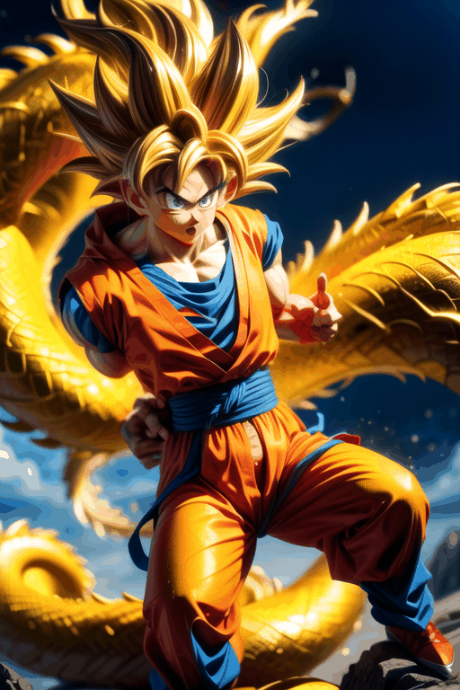 A powerful Goku stands atop a majestic golden Chinese dragon, his aura radiating with boundless energy. The intricate scales of the dragon shimmer in the sunlight, while Goku's determined expression shows his readiness for battle.
(Masterpiece, Best Quality, 8k:1.2), (Ultra-Detailed, Highres, Extremely Detailed, Absurdres, Incredibly Absurdres, Huge Filesize:1.1), (Anime Style:1.3), , Golden oriental dragon,Goku