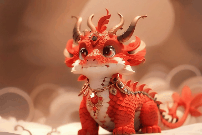 solo, looking at viewer, red eyes, jewelry, closed mouth, tail, full body, horns, necklace, no humans, gem, dragon