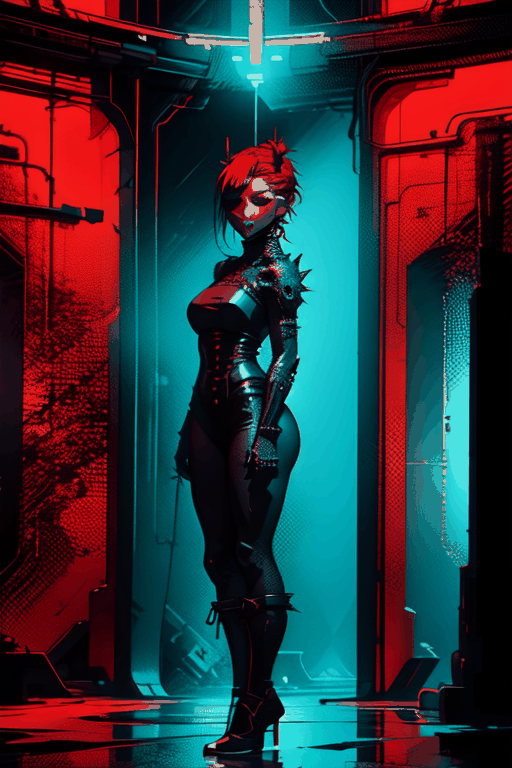 full bodyshot Illustrate the scene of the female character embodying the cyberpunk aesthetic, characterized by a bold combination of red and black tones, gothic elements, and a futuristic face mask.,Decora_SWstyle,cinematic style,nodf_lora