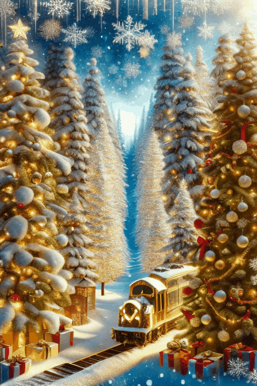 A detailed decorated Christmas tree with a toy train running on a circular track going around the tree and snowflakes are falling, photorealistic 
, cinematic, 8k wallpaper, ChristmasDecorativeStyle