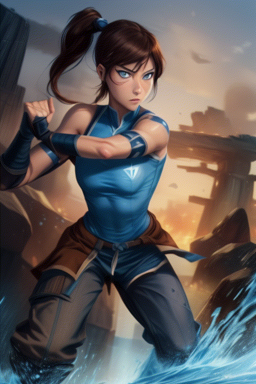 Avatar Korra, she wears blue asian pro-bending uniform, long loose trousers and ((brown hair)) with a ponytail, martial arts pose, avatar the legend of korra, ((blue eyes)), waterbender, water slices surrounding her, fire, floating rocks, illustration by MSchiffer, flat colors, flat lights, vector, cartoon, cartoonish vector,korra