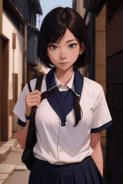 Cute Japanese female sophomore in school uniform with katana in a dark alley, cinematic, 