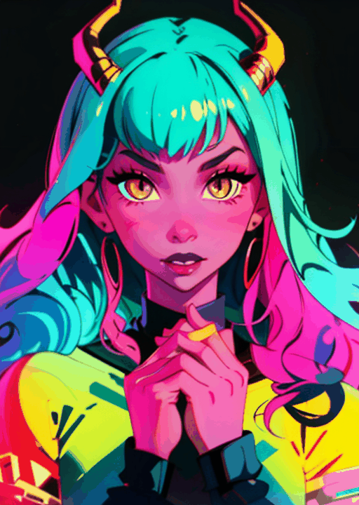 1girl, black background, black lips, black sweater, blue hair, dragon horns, earrings, eyelashes, eyeshadow, green hair, heart, heart earrings, horns, jewelry, large breasts, lipstick, long hair, long sleeves, looking at viewer, makeup, own hands together, pink hair, simple background, slit pupils, solo, sweater, swept bangs, turtleneck, upper body, yellow eyes