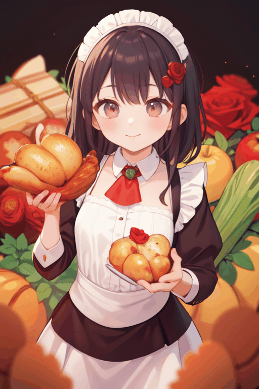 absurdres, highres, ultra detailed background,
maid headdress, closed mouth, holding, red rose, red ascot, shoulder armor, solo, ascot,dress, hair ornament, thanksgiving, vegetables, smile, holding roasted chicken, 1girl,seducing