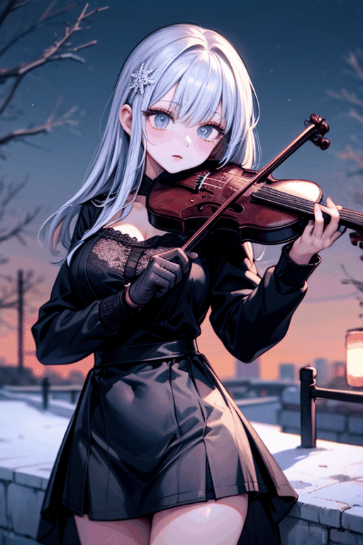 (masterpiece), (detailed eyes), (highly detailed),1girl,playing violin,Christmas, pixiv, depth of field,illumination background,night time,sky,snowflake,cowboy shot,