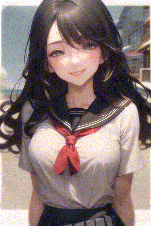 1busty beautiful girl, happily seductive smiling, snowing_beach, wearing a school girl unifrom, black sailor unit, black pleats skirt, night, (blinking eyes:1.3), mahogany wavy hair, bangs, wind, K-pop idol face, focus on upper body, highly detailed, Absurd, high resolution, high quality, masterpiece,