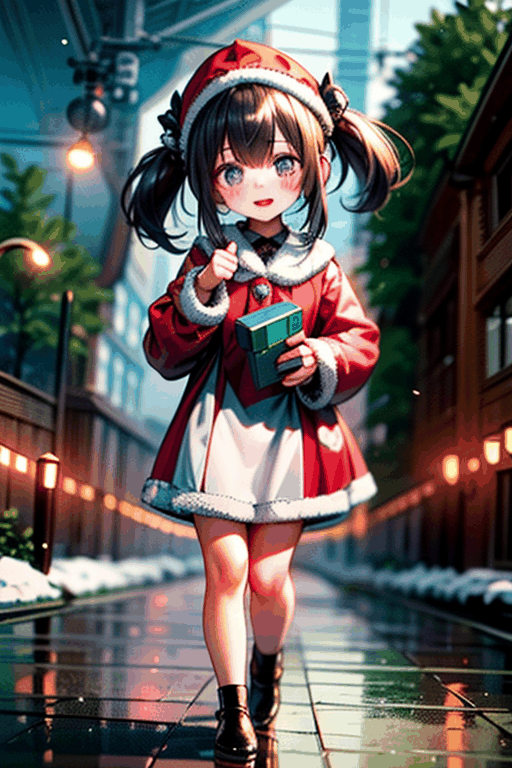 (Masterpiece),a curiosity wearing twintail and a santa uniform A cheerful girl explores the Christmas tree road and runs in the snowflakes.
, (smile: 0.3),reflection