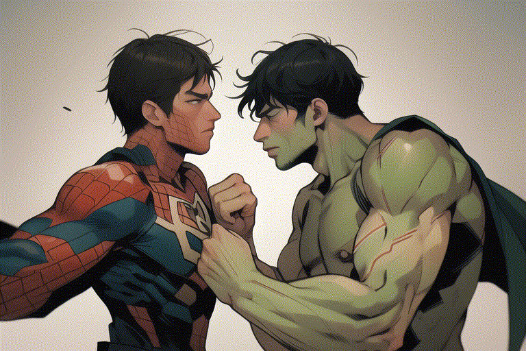 spider_man, hulk, fight, male, 2 person, face each other, from side, flat, punch each other,