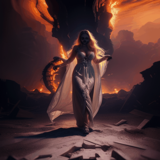 a beautiful woman in white long dress dissolving into a whirlwind of fire over a dystopic landscape, apocalyptic, blizzard,  skulls and bones on the ground, (darkness, night, little light, dark atmosphere, sunset), centered, highly detailed, photorealistic, (high detailed skin:1.2), vibrant colors, intricate, ultra hd, sharp focus, raw photo         dissolve