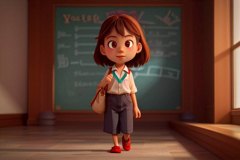 High quality, full HD, super detail, 1 ((Vietnamese girl pupil)), 7 years old, wear uniform and holds a bag, walking to her classroom, (Pixar style), detail face, 8k,